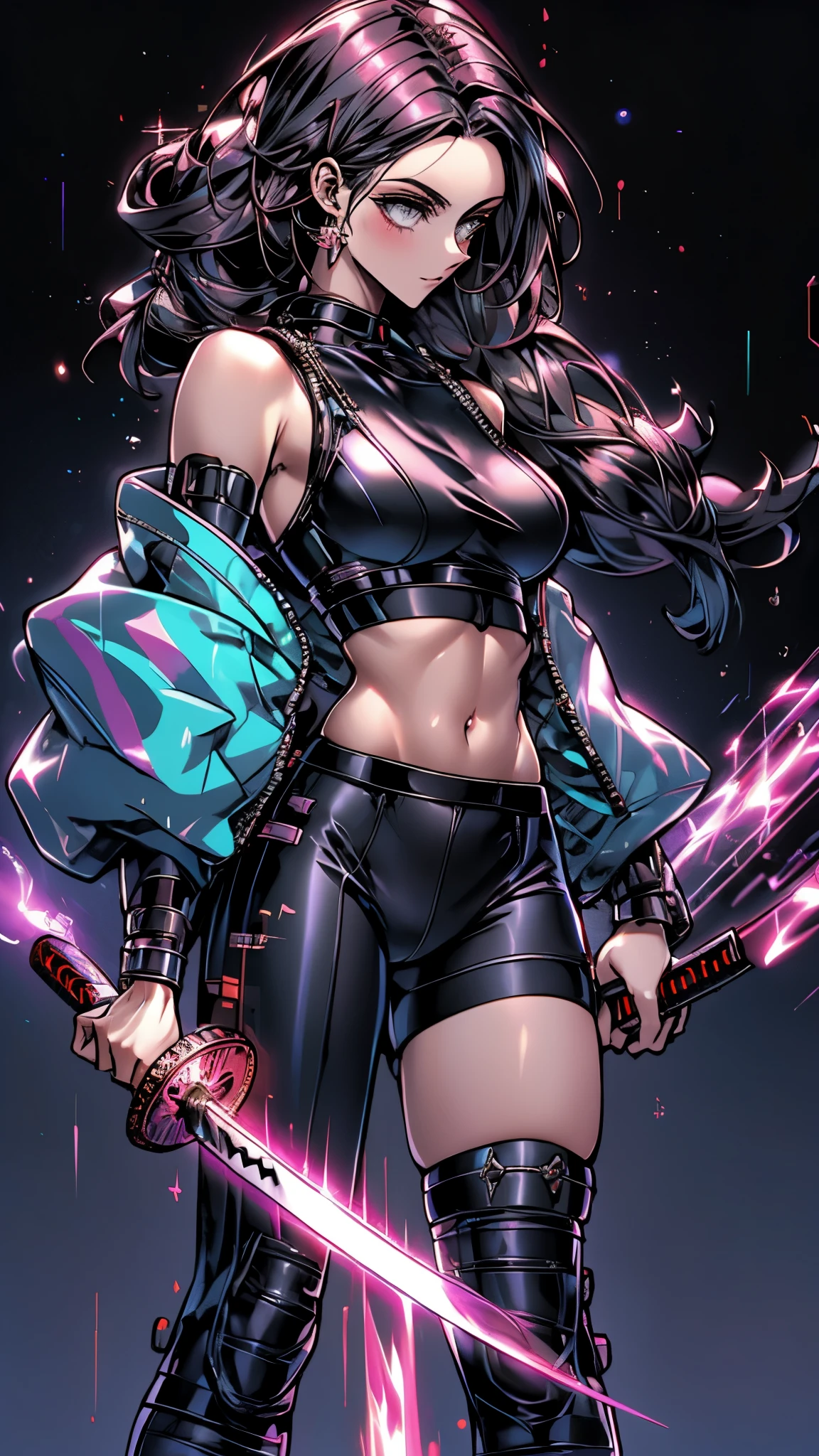 a futurista female warrior holding a katana, (pele finamente detalhada), pale skin, (in a deep neckline highly detailed sexy futurista cyberpunk black crop top and underpants made of circuit boards, palavras japonesas com efeito de reflexo, beautiful epic composition, futurista, obra de arte, atraente, posando para uma foto
