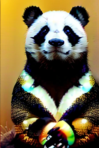 A group of pandas chatting amongst themselves, surrounded by a magical and multicolored aura, detailed panda faces, detailed panda eyes and expressions, panda bodies, panda limbs, panda fur, vibrant colors, fantasy, mystical, magical, surreal, dreamlike, ethereal, soft lighting, glowing aura, highly detailed, 8k, photorealistic, digital art, concept art, masterpiece