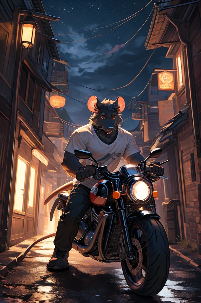 handsome male, rat, tall slinky muscular build, light silver long messy fringe, ((best quality)), ((masterpiece)), (detailed), perfect face, silver fur, gold eyes, detailed eyes , large baggy white t-shirt, mysterious, black shorts, black sports motorcycle, riding motorcycle, dimly lit, forest, sweeping roads, night,