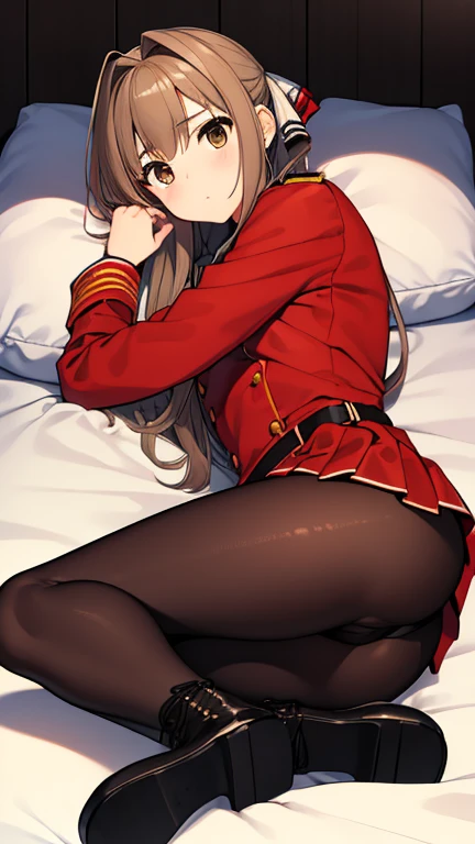 isuzusento, isuzu sento, ahogo, (Brown eyes:1.7), Light brown hair, pelo largo, cola de caballo, hair cinta, cinta, (pecho mediano:1.2),
ROMPER aiguillette, ankle botas, black cinta, black falda, botas, calzado marron, calzado con cordones cruzados, frilled falda, volantes, chaqueta, lace-up botas, militar, militar uniform, pleated falda, (red chaqueta:1.5), falda, muslos, uniform, white muslos, white cinta, botones, (sin mangas:1.5),
ROMPER looking at viewer,
ROMPER indoors, aula,
ROMPER (obra maestra:1.2), mejor calidad, high resolution, fondo de pantalla de unidad 8k, (ILLUSTRATION:0.8), (Hermosos ojos detallados:1.6), cara extremadamente detallada, perfect lighting, CG extremadamente detallado, (manos perfectas, perfect anatomy),