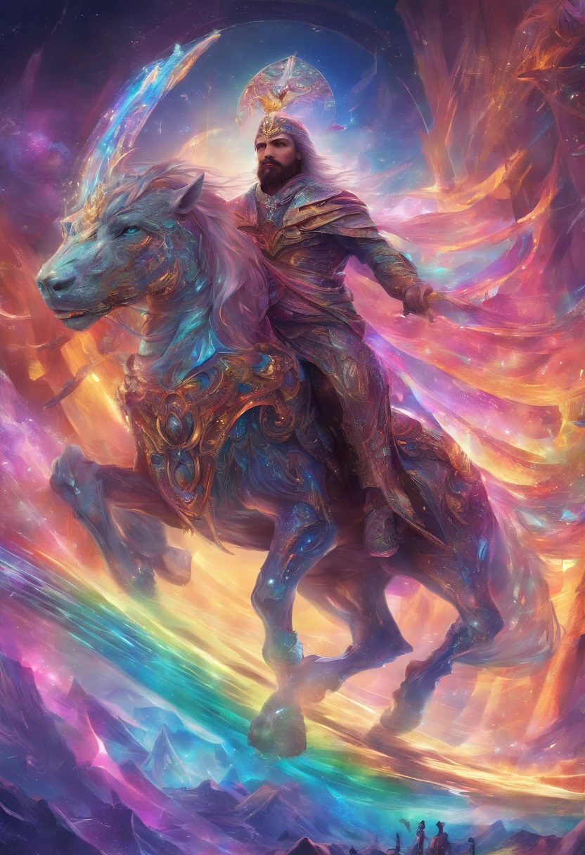 a man riding a crystal chariot in the celestial realm, detailed portrait of the man, intricate crystal chariot design, vibrant rainbow colors, epic cinematic lighting, highly detailed, 8k, photorealistic, digital art, concept art, fantasy art