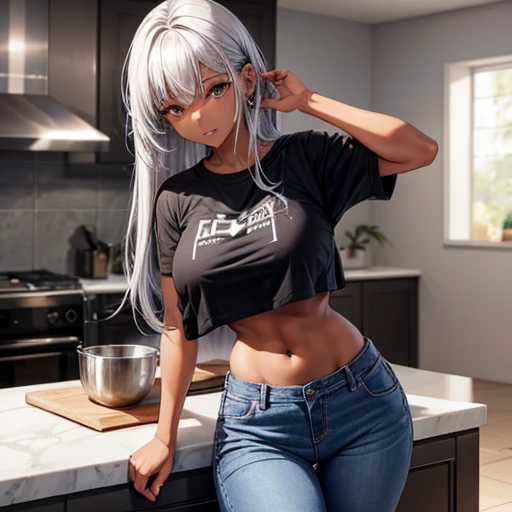 A woman with silver hair and dark skin, wearing a black Y-shirt and slim jeans, is making curry.　Belly button showing