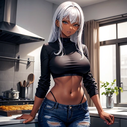 A woman with silver hair and dark skin, wearing a black Y-shirt and slim jeans, is making curry.　Belly button showing