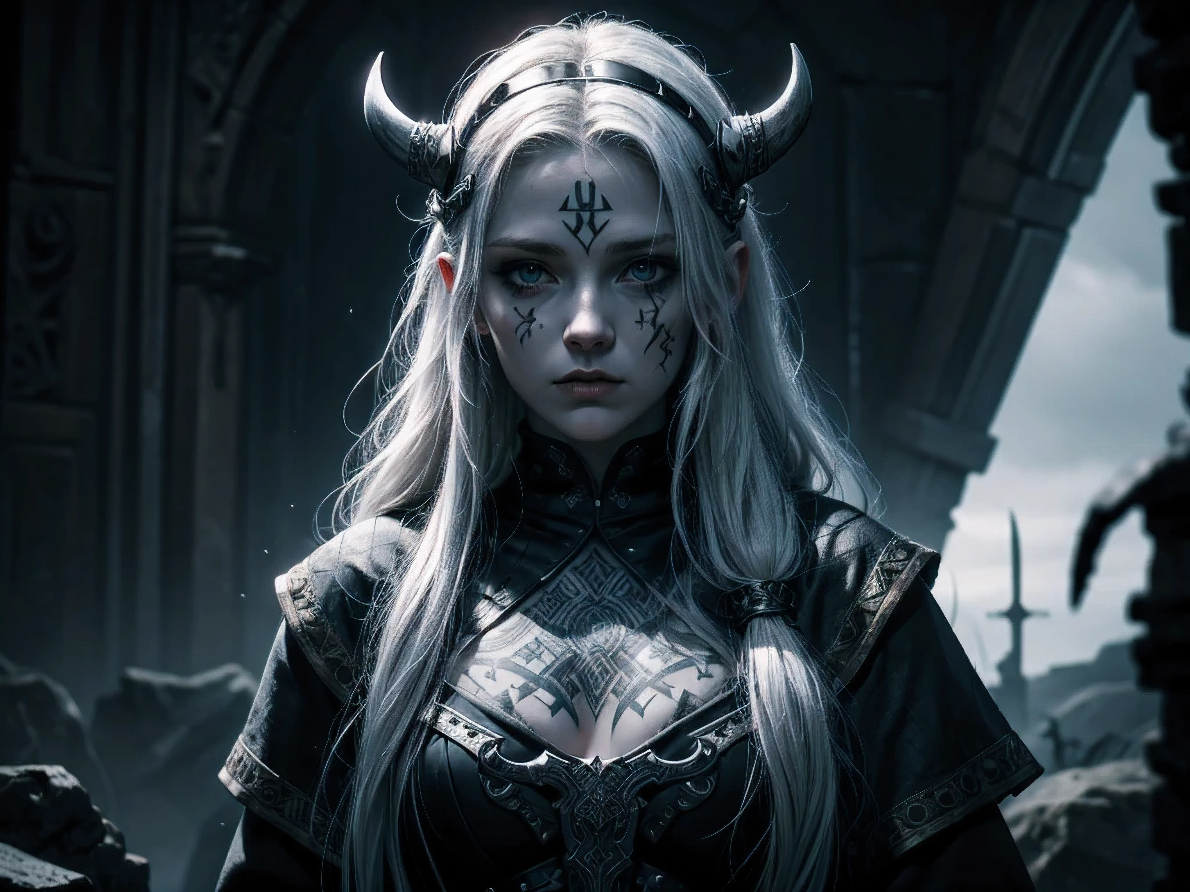 1 Woman, alone, viking theme, pale white, vikings tattoos on face, black clothes, nordic runes, Horror, Darkness, viking Setting, Looking At Camera, Best Quality, Accurate, 4K,