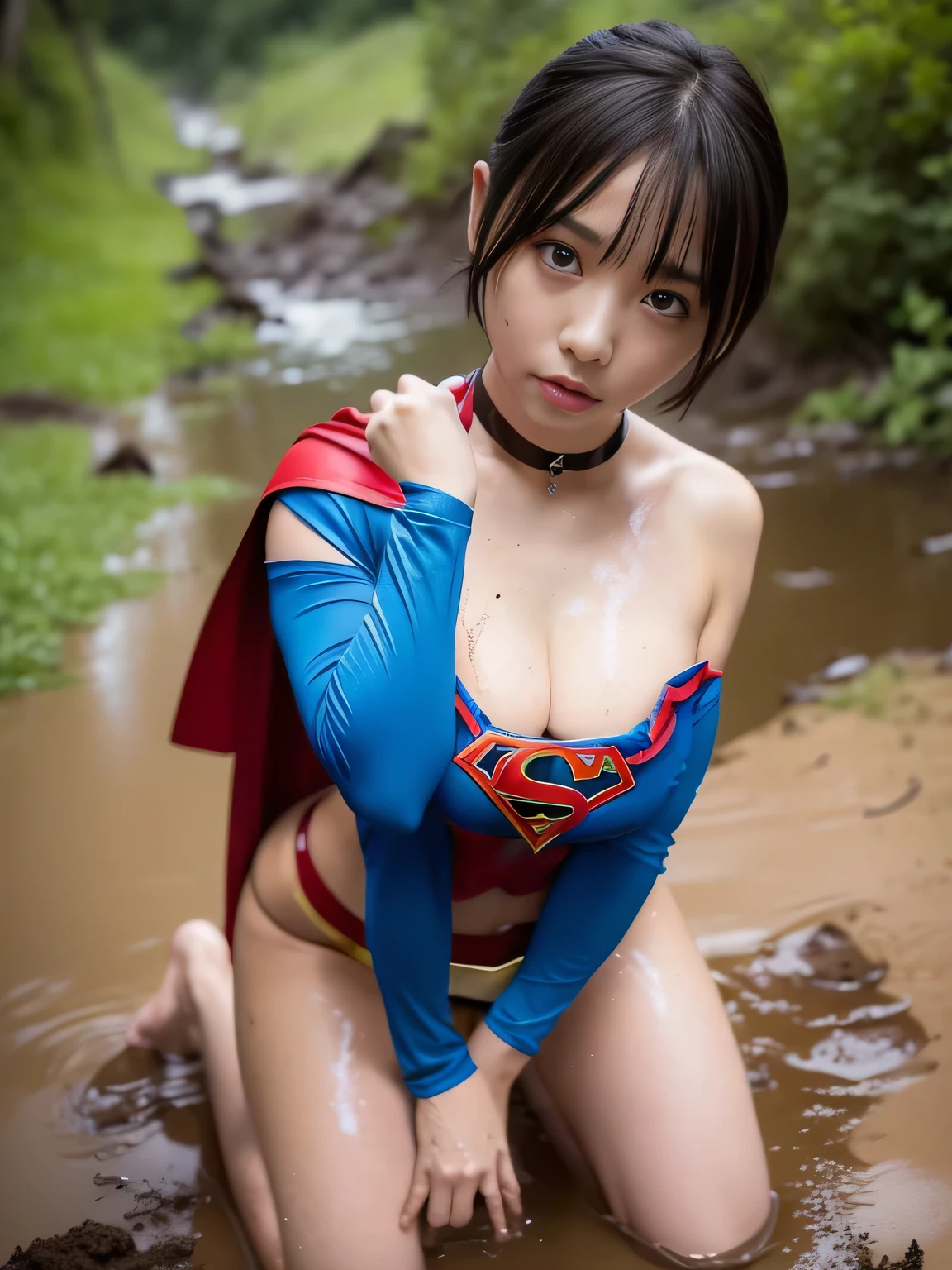 masterpiece、Supergirl Costume、short hair、barefoot、Big and ample breasts、Crisis situation、Complete surrender、Mud stains、Bottomless swamp、Abused、Kneel、Sweaty、Shiny、looking at the camera、Mud splatter、choker、Long sleeve、Sexy poses to seduce、Poor environment、Humiliating、Off the shoulder、latex、