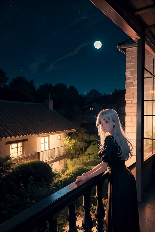 Una noche estrallada con una luna brillante en el campo donde solo se ve una casa de dos plantas al costado de la imagen, On the balcony of the house, a young girl of 20 to 30 years old with long white hair and violet eyes, piel palida y contextura normal, con expresion seria. La mujer esta sentada en una ventana que da al exterior, que ella figure a un costado de la imagen en la ventana sentada mirando a la luna mientras que el resto de la imagen sea del cielo nocturno estrellado y con una luna