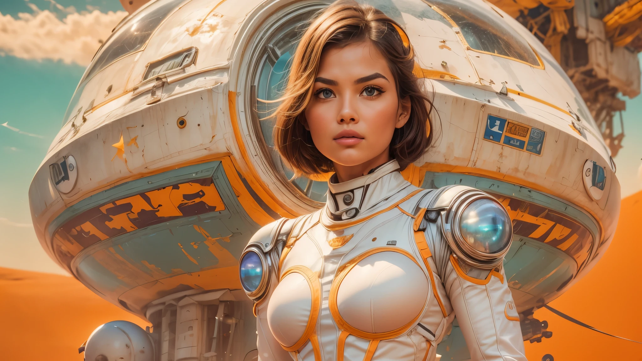 arafed image of a white woman in a futuristic suit with a spaceship in the background, movie art, in front of an orange background, inspired by Robert McGinnis, female protagonist, megastructure in the background, portrait of an ai astronaut, astronauts, an astronaut, portrait of a astronaut skeletor, perfect android girl, detailed eyes, perfectly detailed teeth, frank franzzeta and sakimichan