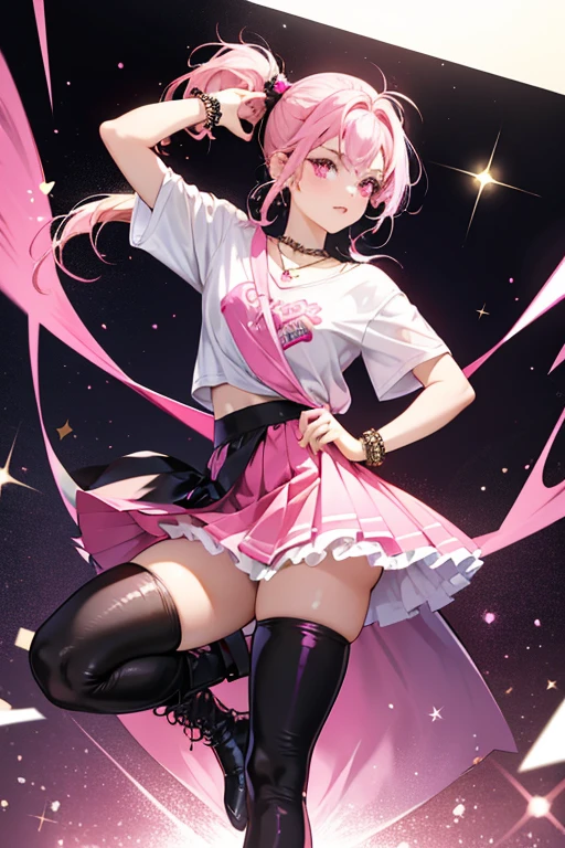 Pink girl with pink eyes. Her pink hair is put up in a side ponytail by a bow along with some shiny decorations for her hair. Decorations can also be seen on her wrists and around her neck as a necklace. She also wears a baggy shirt with a short skirt as well as black leggings and long boots. SPARKLE; GLITTER