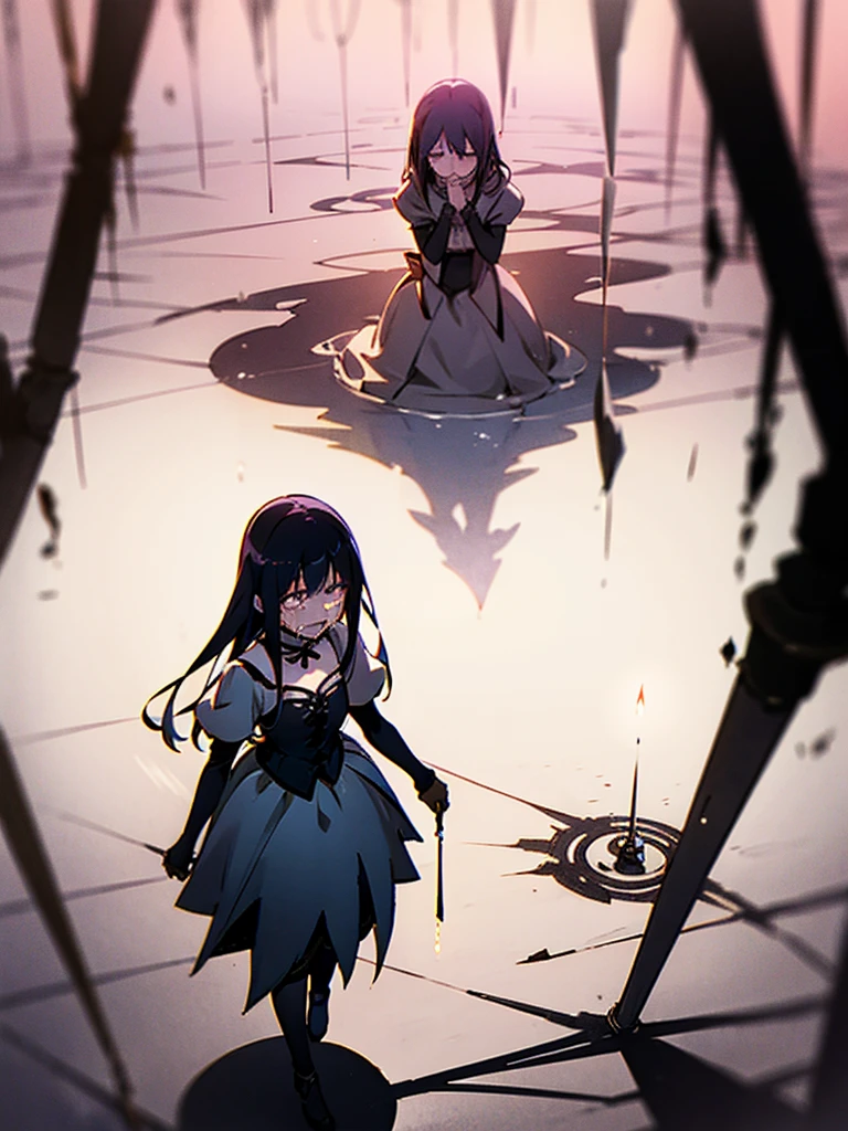 Create an image featuring two girls in a dark, candle-lit basement, One girl is (visibly crying and sad), overwhelmed by her emotions, The other girl is (magical girl who has succumbed to evil), (she stands behind the crying girl), her expression sinister as she attempts to turn the jewel on her chest black, symbolizing her fall from grace. The basement should be dimly lit, with numerous candles scattered on the floor, casting eerie shadows and creating a somber, mysterious atmosphere. The contrast between the two girls, one in despair and the other embodying darkness, should be striking and emotionally impactful.