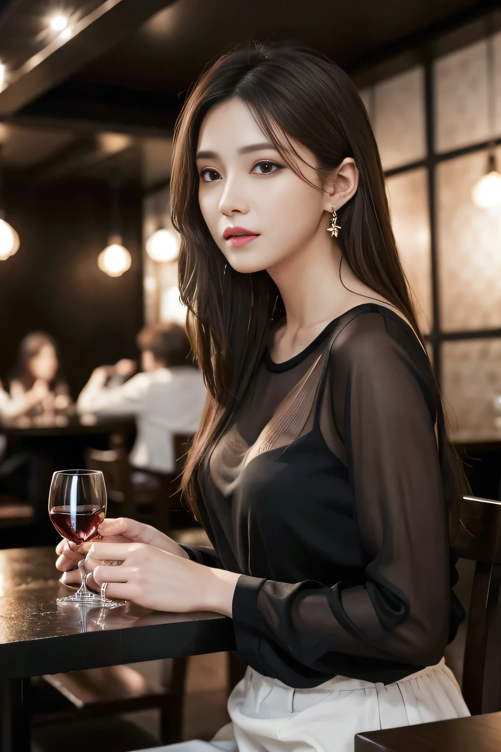 masterpiece, highest quality, Realistic, Very detailed, Finer details, High resolution, 8k wallpaper, Two beautiful women, Wear a black see-through shirt, In a great restaurant, At night, Light brown messy hair, Perfect dynamic composition, Beautiful and beautiful eyes、Big earrings、Drinking wine、