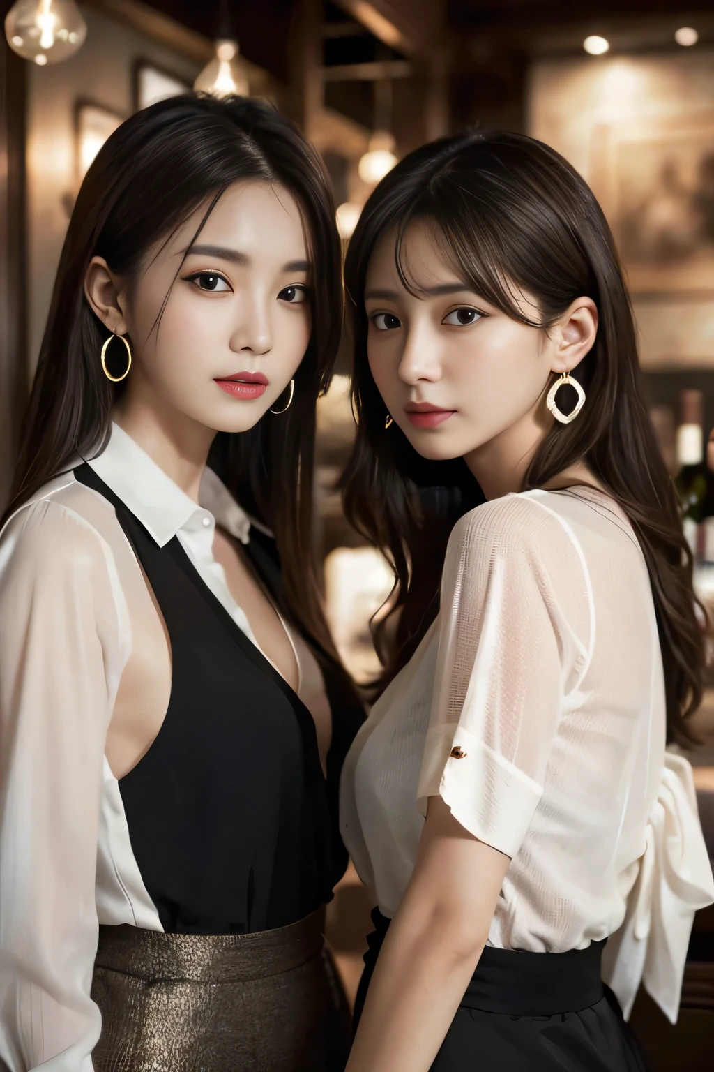 masterpiece, highest quality, Realistic, Very detailed, Finer details, High resolution, 8k wallpaper, Two beautiful women, Wear a black see-through shirt, In a great restaurant, At night, Light brown messy hair, Perfect dynamic composition, Beautiful and beautiful eyes、Big earrings、Drinking wine、