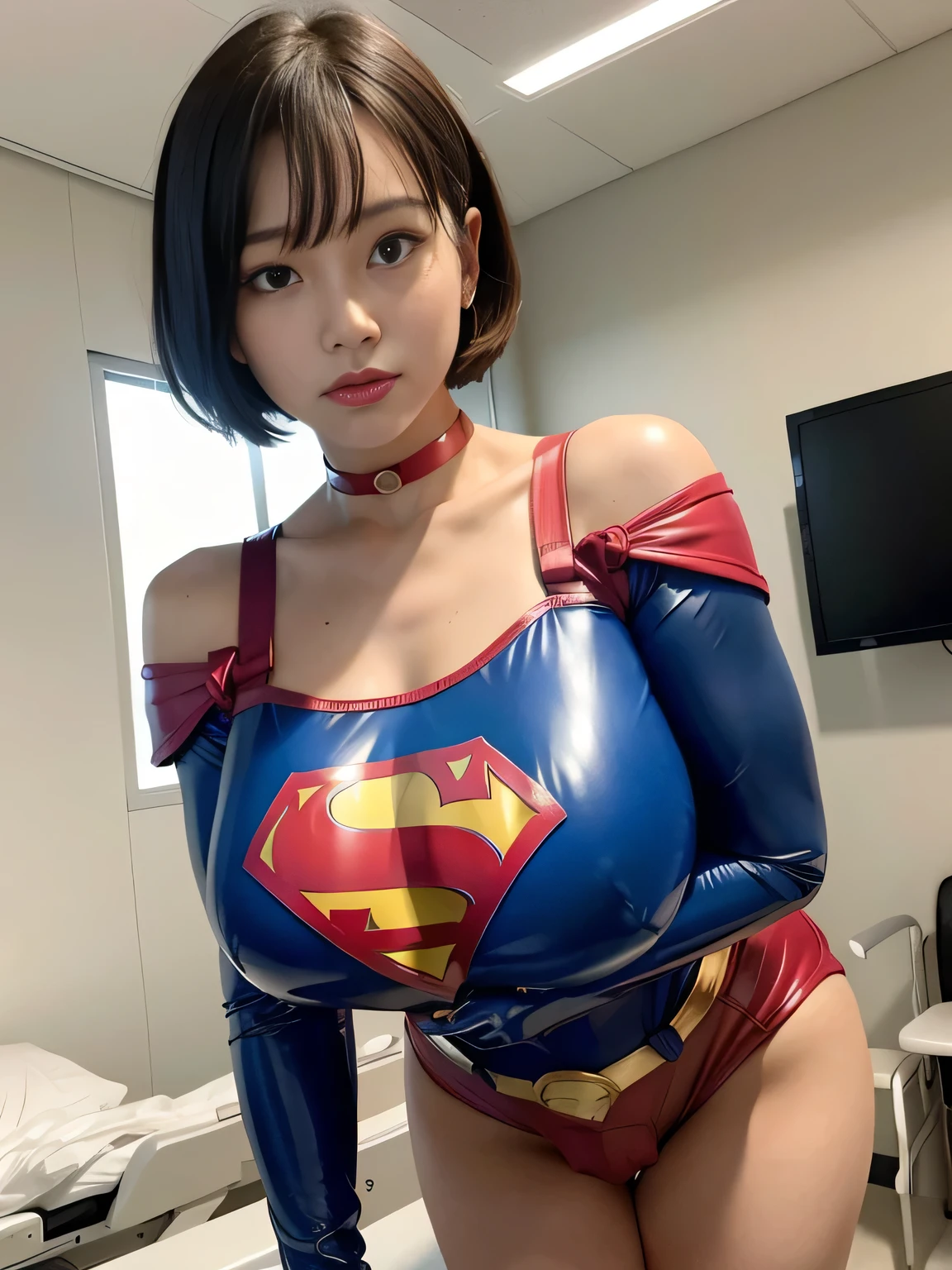 masterpiece、Enamel Supergirl Costume、Short Hair、Hospital operating table、Crisis situation、Big and ample breasts、looking at the camera、Shiny、Off the shoulder、choker、Long sleeve、exy poses to seduce、Sweaty、Model Body Type、Alluring、charm、Enchanting、Abused、test subject、victim、Wild、Photorealistic、latex、Pointing forward、