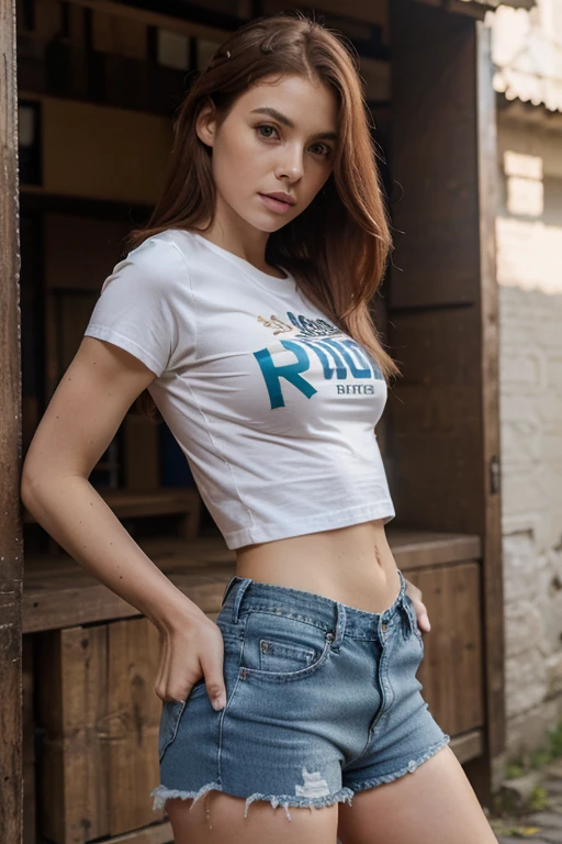 mulher sensual, magra, ruiva, cabelo longo, seios grandes, camiseta branca curta, jaqueta rosa aberta, shorts jeans azul curto, position between front and side