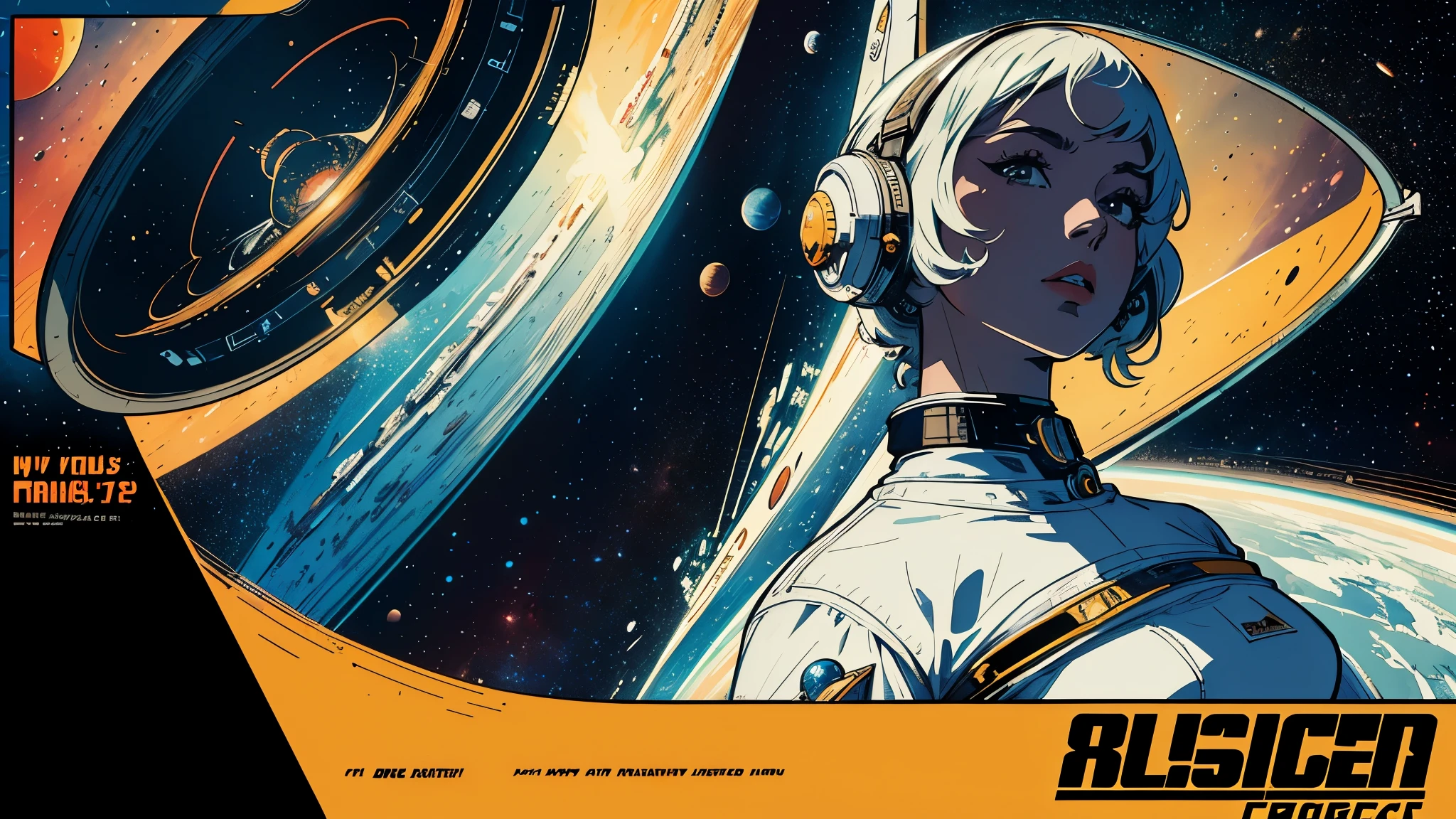(masterpiece, highest quality), 8k wallpaper, very detailed, poster, vintage science fiction, 1960s,(((space thriller cinematic movie poster))), (bauhaus), shape,abstract, mid century modern, movie poster, vintage, Perfect Lady,anime,1970's,halftone,speech bubble