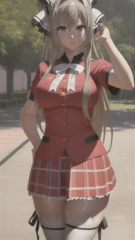 1 chica, Sento Isuzu, uniforme-isuzu, solo, de pie, feliz, parque de atracciones,   (ultra high resolution,mejor calidad), (8K, foto cruda, mejor calidad, obra maestra:1.2), professional lighting, physically based rendering, high resolution, absurdos,