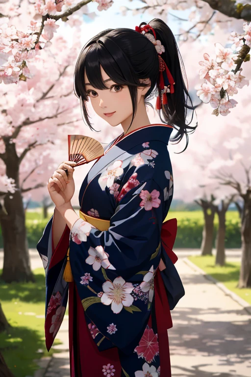 Masterpiece, Top Quality, 16K UHD,
Outdoor,
Under the blooming cherry blossom tree, One girl,
Wearing a traditional Japanese kimono, Blue top, the bottom is a long red obi with intricate patterns, Realistic,
With a perfectly detailed face, long black hair styled in a ponytail, Short boots or cross-laced shoes, lace-up boots,
Holding a Japanese fan in one hand, a ribbon tied around it, Whole body in focus,
Her hair adorned with a hair ribbon, a gentle smile playing on her lips, Photorealistic image,
Entire body captured in detail,