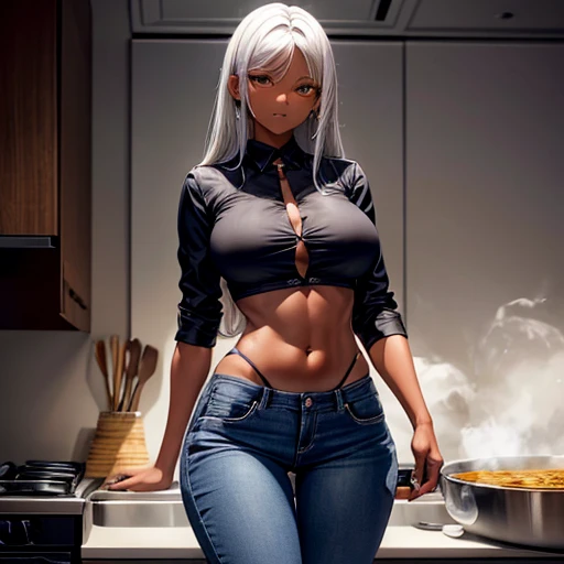 A silver-haired, dark-skinned woman wearing a black dress shirt and slim jeans is making curry.　Belly button showing