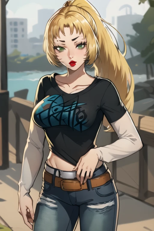 1girl, bridgette_total_drama, blonde hair, ponytail, green eyes, solo, standing, black t-shirt, white shirt, blue jeans, belt, lipstick, large breasts