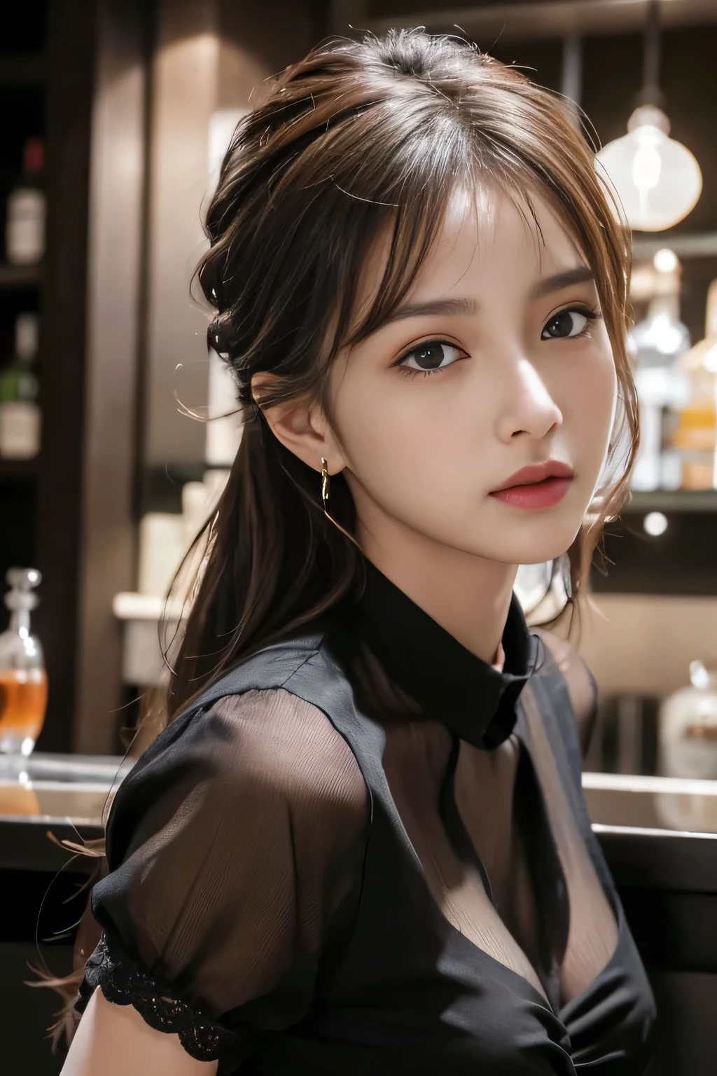 masterpiece, highest quality, Realistic, Very detailed, Finer details, High resolution, 8k wallpaper, One beautiful woman, Wear a black see-through shirt, A great bar counter, At night, Light brown messy hair, Perfect dynamic composition, Beautiful and beautiful eyes、Big earrings、Back view、