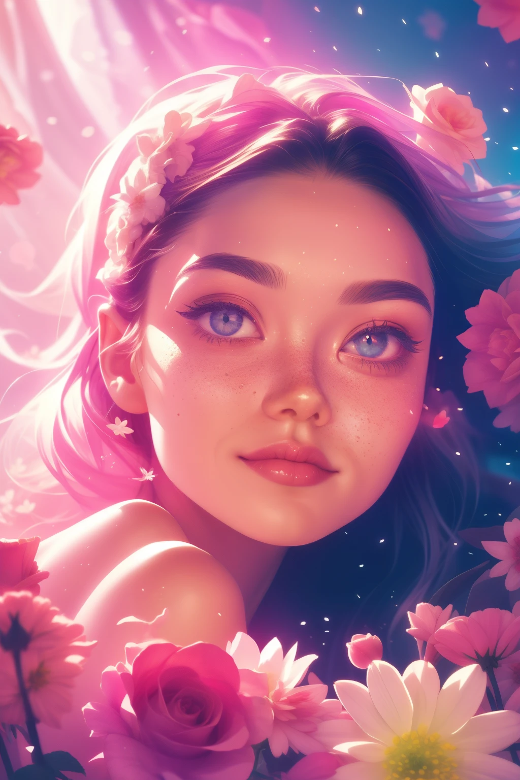 (This is a beautiful, intricate, (romatic) fantasy image that emphasizes beauty and grace.) Generate a blind curvy woman with soft natural freckles. Her face is important and should be (perfectly formed) with (beautiful puffy lips) and (perfect features). There is a cute freckle birthmark on her lip. The image exudes ethereal beauty and soft fantasy, with shimmering shades of pink throughout. Surround her with eternal roses in shimmering shades. Ensure perfection in her face, hair, and eyes. Include sweet and detailed birds and soft, luminous flowers and detailed roses. Utilize dynamic composition and dramatic lighting and cinematic lighting to create an interesting fantasy image. The background of the image is interesting and ultra-detailed, with soft fantasy lighting and gradients. Include fantasy details, cute aura, colorful, colourful, and interesting magical background. The image's background is decorated in shades of pink, shimmer, glitter, and fantasy details like colored bubbles and cosmos. Include subtle freckles, natural freckles and a diffused realistic skin tone. Incorporate elements of high fantasy, whimsy, and detailed elegance. English rose, princess, courtesan, noblewoman, sweet, lovely, calm, lovely, shimmering, glimmering, glittering, astrological fantasy, (((masterpiece))), (highest quality), magic rose, fantasy garden, beautiful face, perfect face, puffy lips, interesting, shy smile, fantasy elements, magic rose, beautiful eyes, perfect puffy lips, jewel tones, luminosity. Taken with a canon camera.