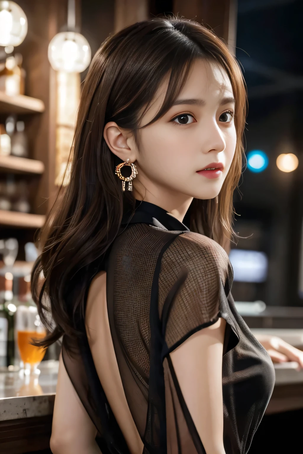 masterpiece, highest quality, Realistic, Very detailed, Finer details, High resolution, 8k wallpaper, One beautiful woman, Wear a black see-through shirt, A great bar counter, At night, Light brown messy hair, Perfect dynamic composition, Beautiful and beautiful eyes、Big earrings、Back view、