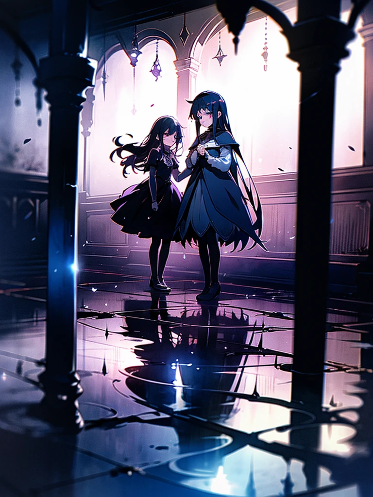 Create an image featuring two girls in a dark, candle-lit basement, One girl is (visibly crying and sad), overwhelmed by her emotions, The other girl is (magical girl who has succumbed to evil), (she stands behind the crying girl), her expression sinister as she attempts to turn the jewel on her chest black, symbolizing her fall from grace. The basement should be dimly lit, with numerous candles scattered on the floor, casting eerie shadows and creating a somber, mysterious atmosphere. The contrast between the two girls, one in despair and the other embodying darkness, should be striking and emotionally impactful.