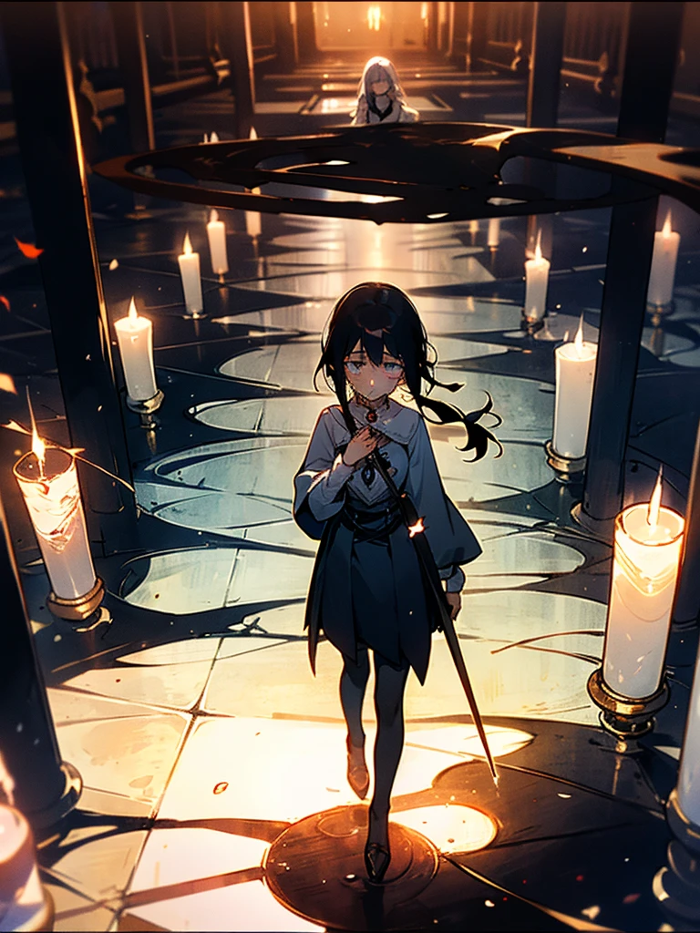 Create an image featuring two girls in a dark, candle-lit basement, One girl is (visibly crying and sad), overwhelmed by her emotions, The other girl is (magical girl who has succumbed to evil), (she stands behind the crying girl), her expression sinister as she attempts to turn the jewel on her chest black, symbolizing her fall from grace. The basement should be dimly lit, with numerous candles scattered on the floor, casting eerie shadows and creating a somber, mysterious atmosphere. The contrast between the two girls, one in despair and the other embodying darkness, should be striking and emotionally impactful.