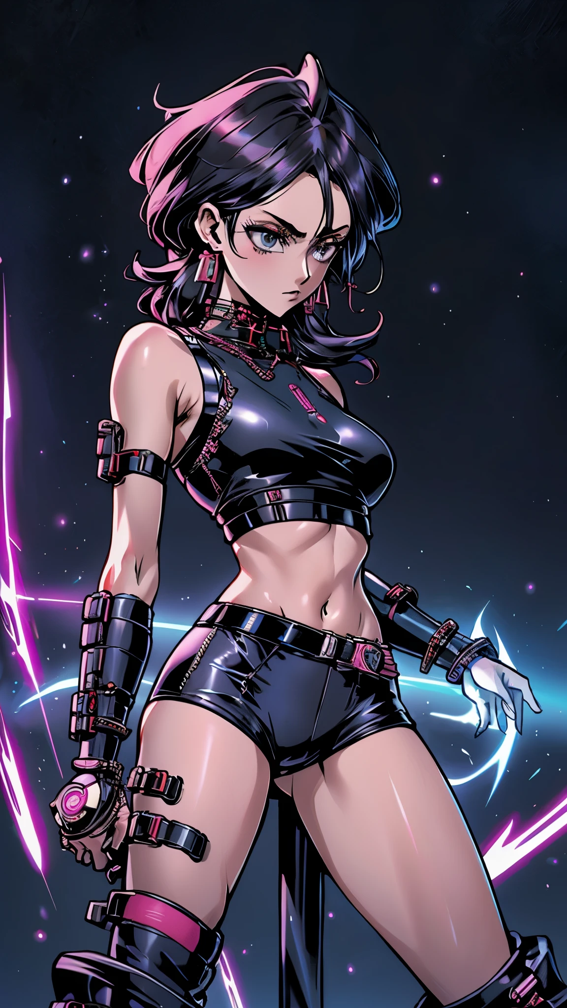 a futurista female warrior holding a katana, (pele finamente detalhada), pale skin, (in a deep neckline highly detailed sexy futurista cyberpunk black crop top and underpants made of circuit boards, palavras japonesas com efeito de reflexo, beautiful epic composition, futurista, obra de arte, atraente, posando para uma foto
