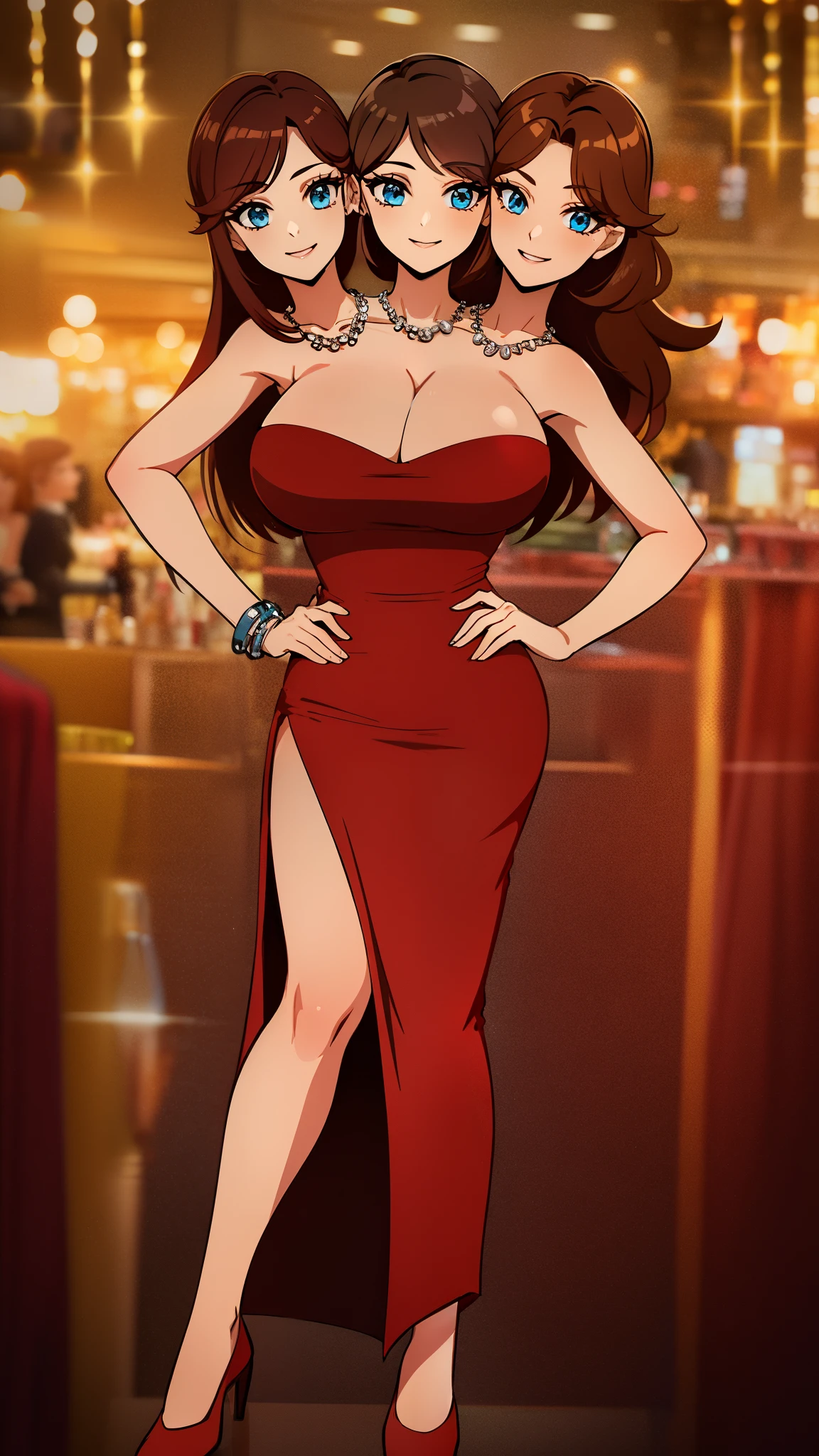 (16K), ((two headed woman)), smiling, highres, masterpiece, ((brown hair)), cleavage, (( red dress:1.5)), lustrous and smooth skin, large breasts, (mature woman), seductive silhouette, casual dress, sexy proportions, Beautiful girl with accentuated slender abs, seductive woman, ((party background)), necklace, body con dress, strapless, sleeveless, blue eyes, long hair, ((gala)), cowboy shots 