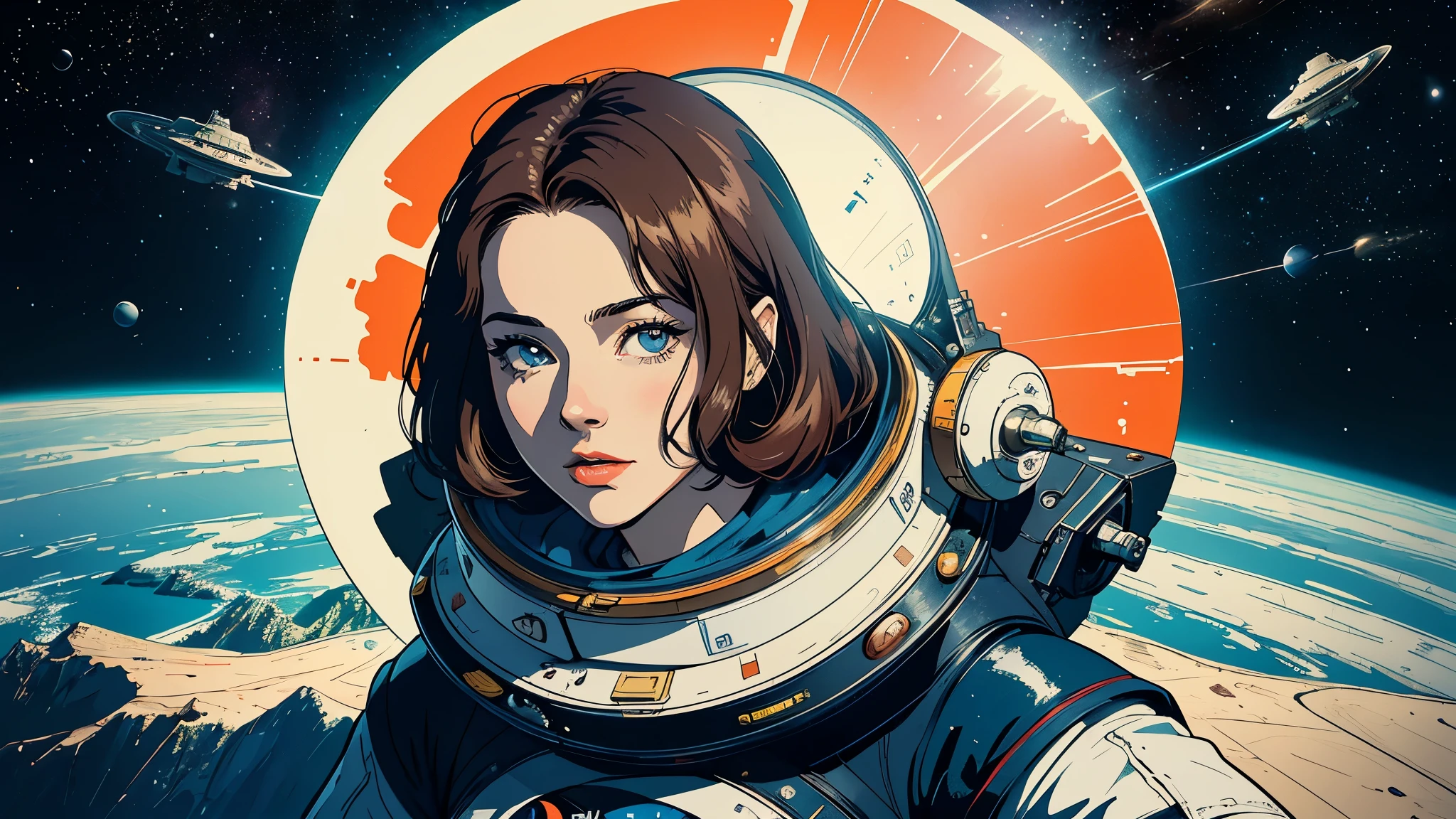 (masterpiece, highest quality), 8k wallpaper, very detailed, poster, vintage science fiction, 1960s,(((space thriller cinematic movie poster))), (bauhaus), shape,abstract, mid century modern, movie poster, vintage, Perfect Lady,anime,1970's,halftone,speech bubble