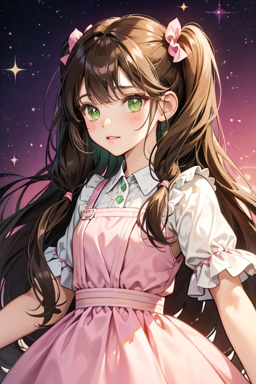 Ruri has long brown hair with two small pigtails at the top of her head and pale green eyes. For her attire, she wears a pink dress over a white shirt. SPARKLE; GLITTER