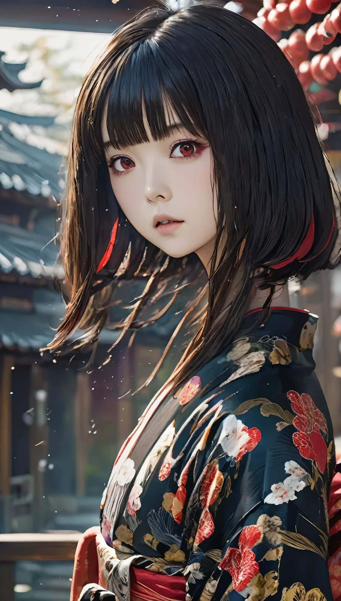 Enma Ai, Let your hair down, Hair is black, bangs, Red eyes, masterpiece, highest quality, Very detailed, shape, One Girl, alone, High resolution, Realistic, 超High resolution, (Original shape composition), (Limited Color Fusion,Maximalism art style, Kimono fashion, Double Exposure, Background Black