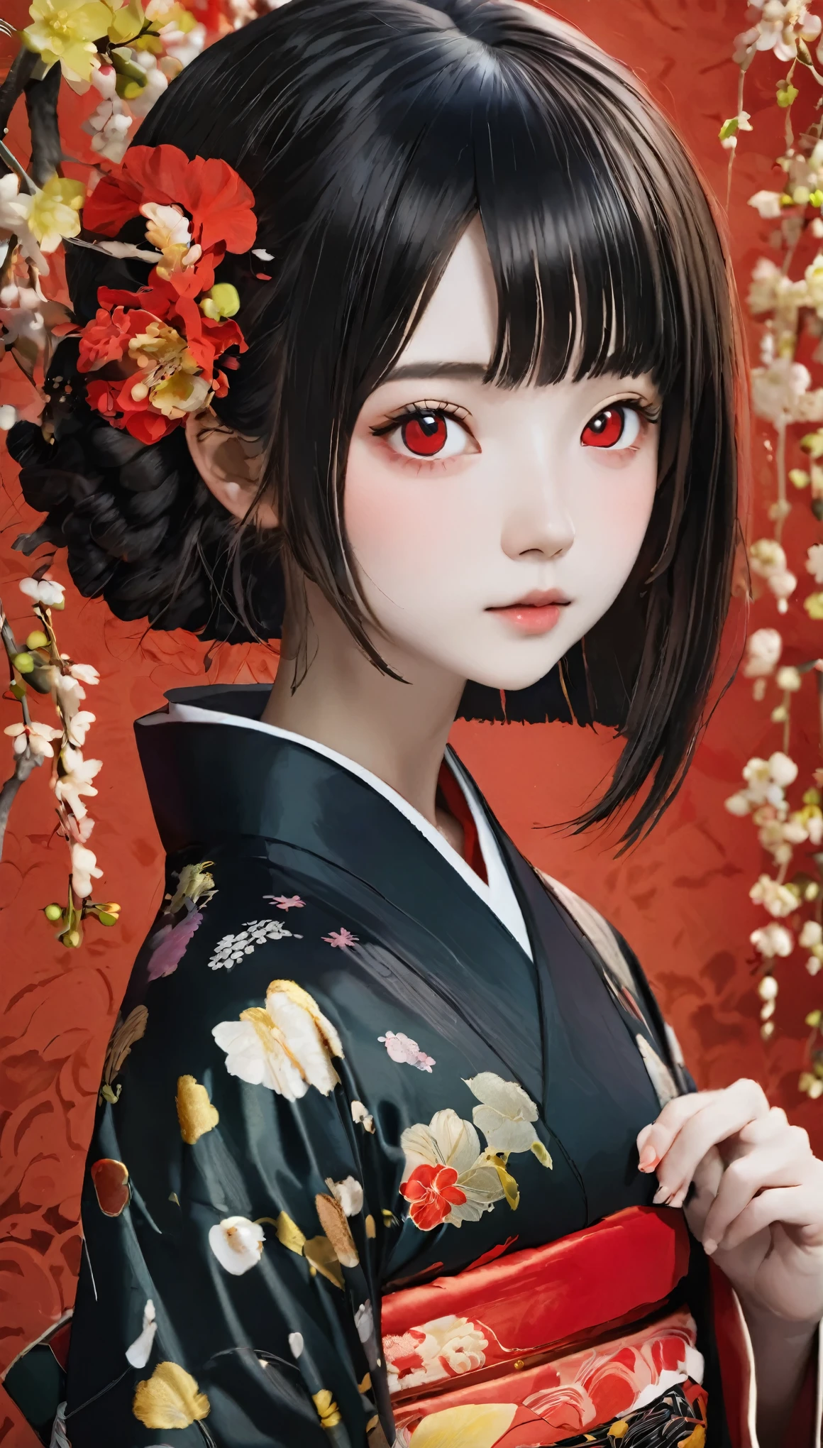 Enma Ai, Let your hair down, Hair is black, bangs, Red eyes, masterpiece, highest quality, Very detailed, shape, One Girl, alone, High resolution, Realistic, 超High resolution, (Original shape composition), (Limited Color Fusion,Maximalism art style, Kimono fashion, Double Exposure, Background Black