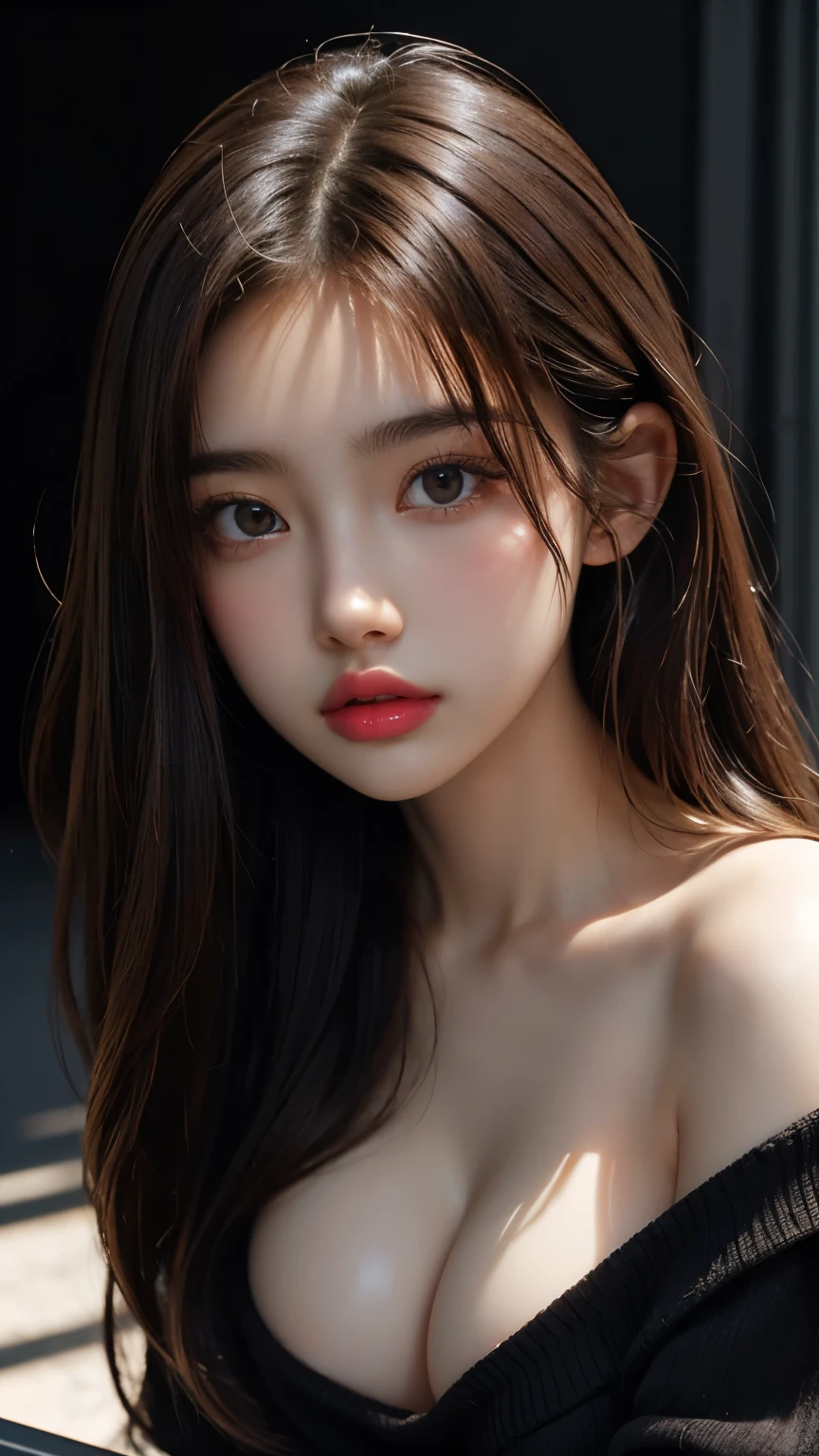 ultra high res, masterpiece, best quality, perfect glossy shiny skins, perfect lighting, detailed lighting, dramatic shadows, ray tracing, black sweater, looking at viewer, off shoulder, Big breasts, Exposed cleavage, nsfw, ((Dark background)), Sexy face, Facial expressions when receiving pleasure,