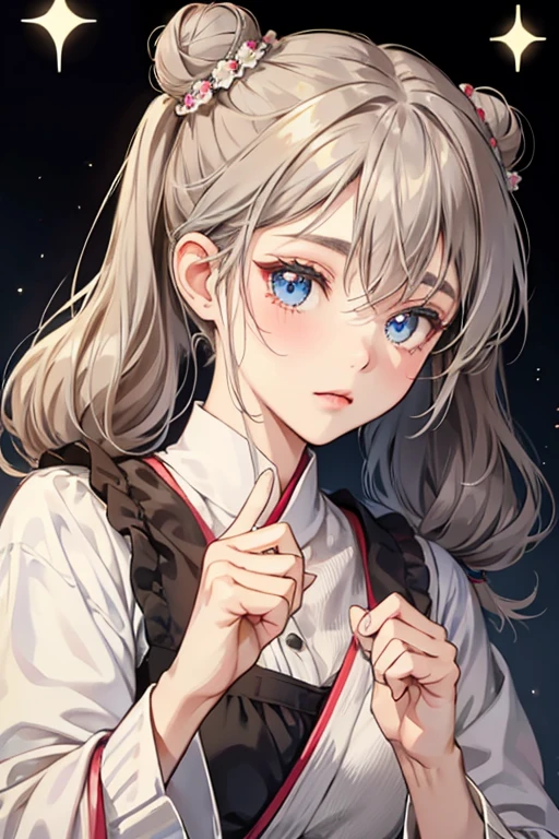 Ruruka has dusty brown, almost gray, hair and dark blue eyes. It is held up in a bun most of the time, though sometimes she lets it down in pigtails. SPARKLE; GLITTER