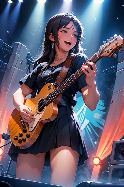 cantante cabello ondulado, con microfono en la mano, cantando en un escenario, feliz, lleva tambien una guitarra.