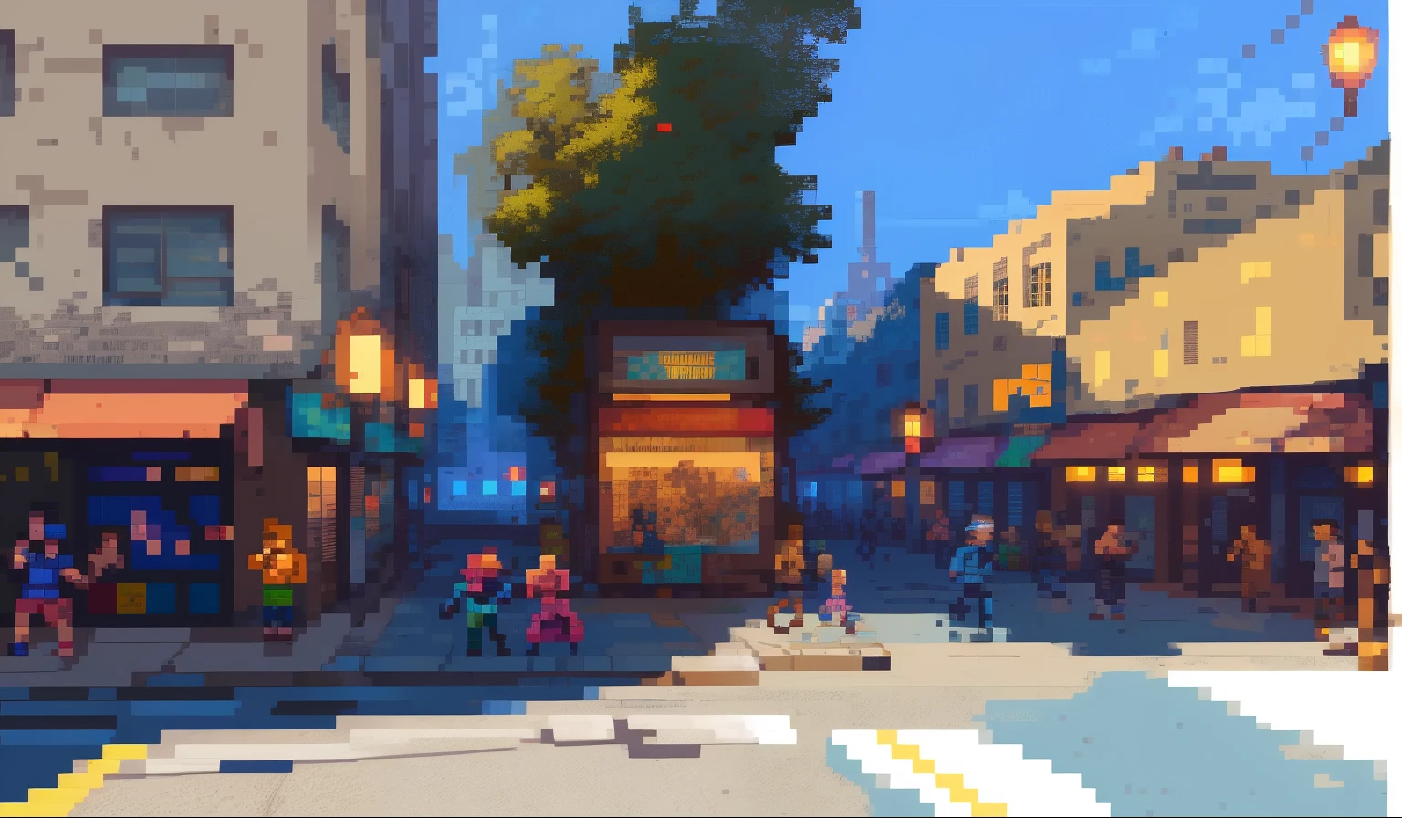 detailed graffiti, vibrant colors, urban life, bustling atmosphere, night scene, streetlights, harmonious blend of old and new architecture. (best quality, 4k, highres, pixel art, concept artists), [fight game background], [soft lighting], [nostalgic vibe] pixelart 