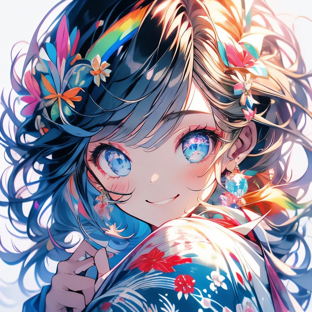 Masterpiece、Rainbow Hair、Rainbow Eyes、smile、Delicate eyes、Tied up hair、Beautiful hair ornament、kimono、Sparkling