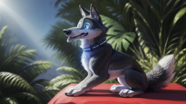 cute cartoon of a (gary \(zootopia\)) solo, wolf, gray fur, tongue out, hypnotized with completely spyral glowing blue eyes with no irises or pupils, techno collar with a red light, naked, big paws, sitting on all fours, BREAK, jungle background, (intricate, high detail, film photography, soft focus, RAW candid cinema, photorealism, realistic, photorealistic, analog style, subsurface scattering, masterpiece, best quality, ultra realistic, 8k), profile picture