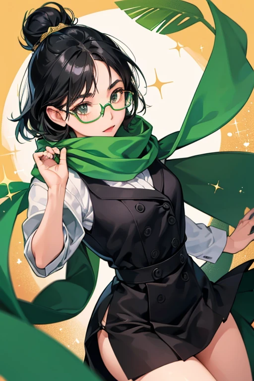 Ryouko has short black hair and a pair of thin-rimmed glasses. She wears a thick and long green scarf when she is in her . SPARKLE; GLITTER