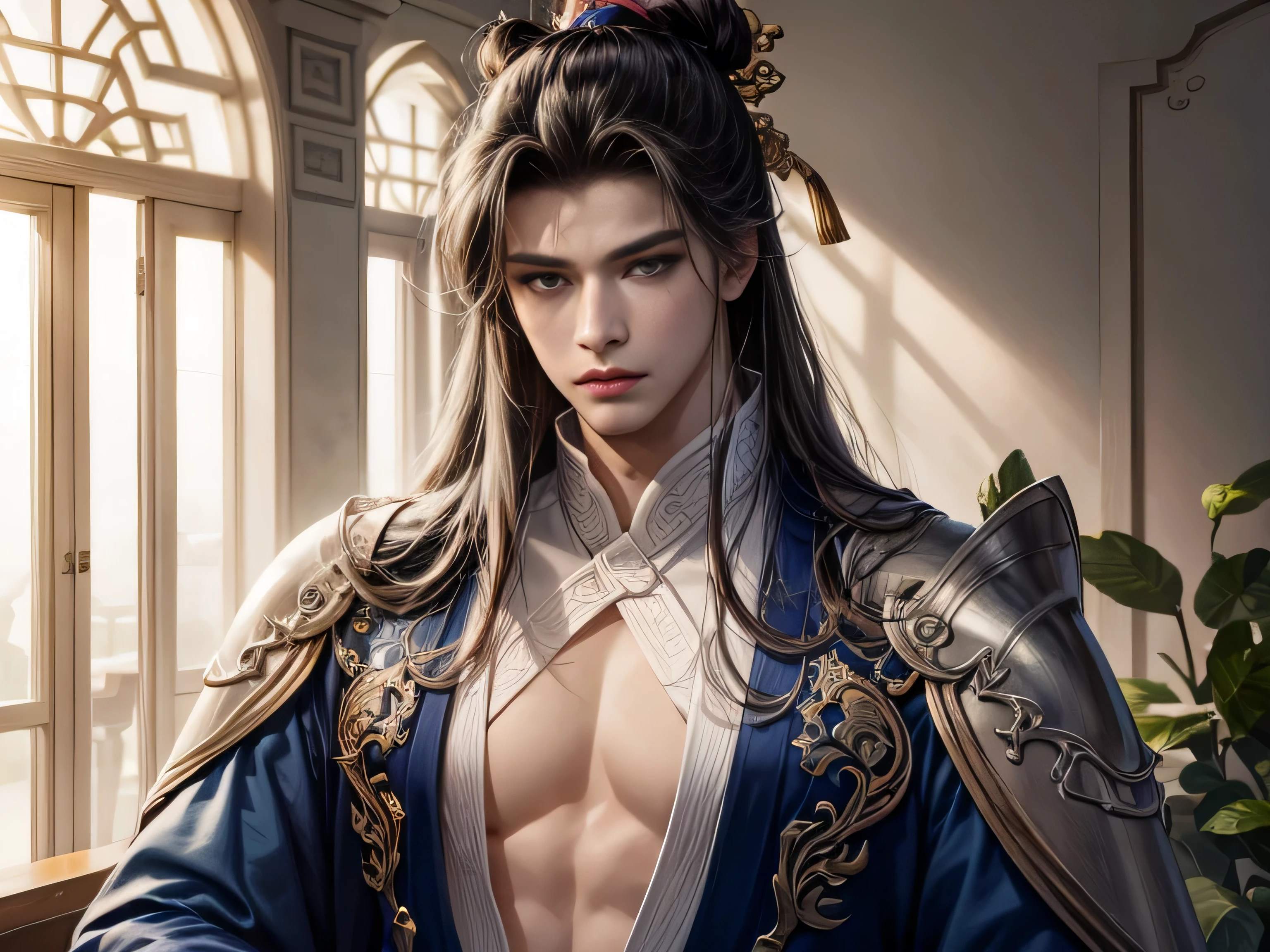 (Best Quality, 8K, Masterpiece, HDR, Soft Lighting, Picture Perfect, Realistic, Vivid), Garden with blue and pink flowers, a handsome man  is lying on the grass playing a game of go, arafed image of a man playing a game of go, inspired by Ma Shi, inspired by Ma Lin, inspired by Cao Zhibai, inspired by Wu Daozi, inspired by Hu Zaobin, inspired by Gu An, inspired by Xuande Emperor, inspired by Zhao Mengfu, inspired by Zhang Wo, game illustration, he has a beautiful blue eye color and a kind smile , black hair, he has a naked torso with a perfect body, his clothes are Tang Dynasty style, man, cute man, blue eyes, smile (ultra high quality fantasy art, majestic fantasy style), masterpiece, ultra high quality male character design, anime art in 8k resolution, realistic anime art, highest quality wallpaper illustration, detailed ultra high quality accurate male character face, high quality design and accurate physics, male character) (ultra high quality fantasy art, dark fantasy style), masterpiece, ultra high quality characters, anime with -8k resolution, realistic anime art, highest quality wallpaper illustration, ultra high facial detail, high quality design and accurate physics), color difference, depth of field, dramatic shadows, ray tracing, high quality and detailed computer wallpapers in 8K resolution. (Accurate simulation of the interaction of light and material)], [Visual art that conveys the meaning of history]