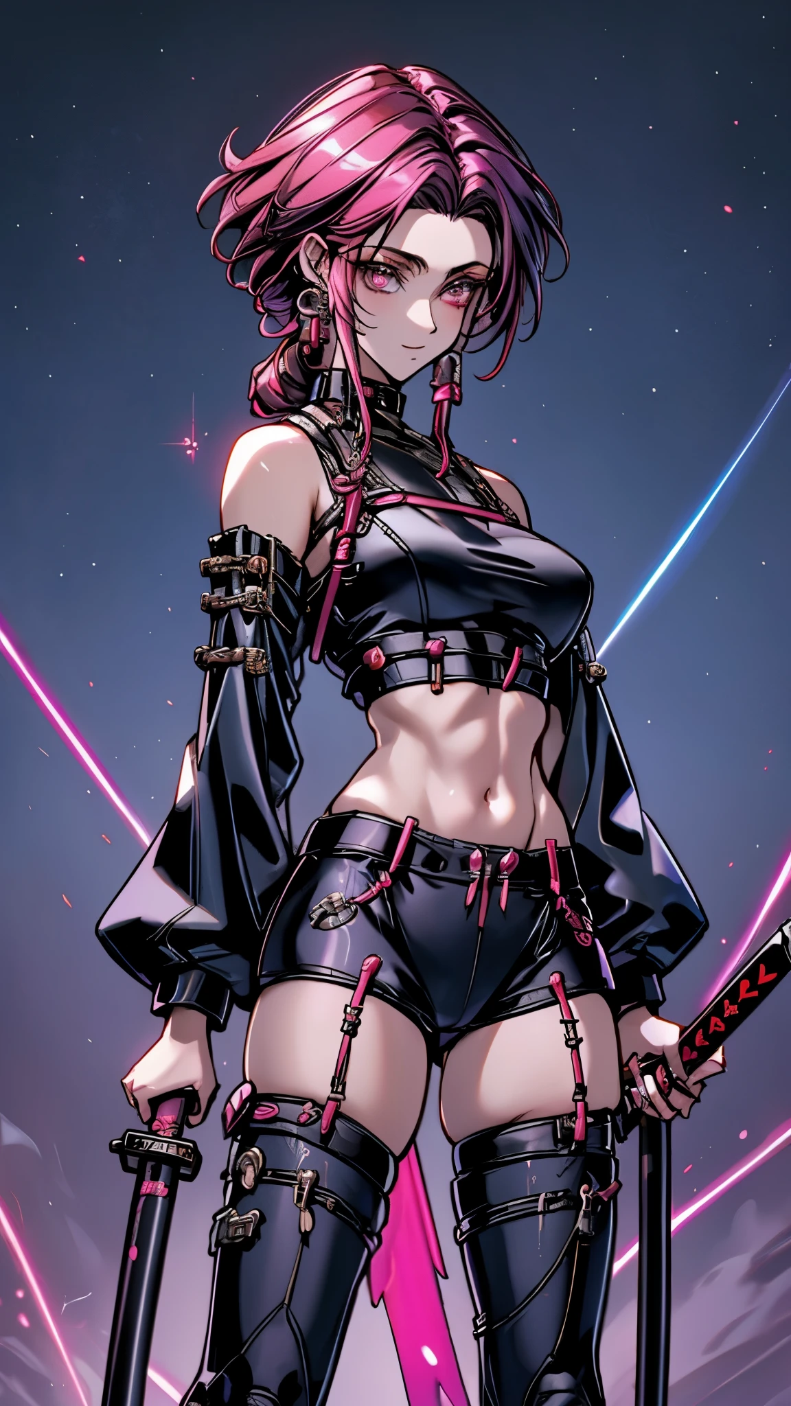 a futurista female warrior holding a katana, (pele finamente detalhada), pale skin, (in a deep neckline highly detailed sexy futurista cyberpunk black crop top and underpants made of circuit boards, palavras japonesas com efeito de reflexo, beautiful epic composition, futurista, obra de arte, atraente, posando para uma foto
