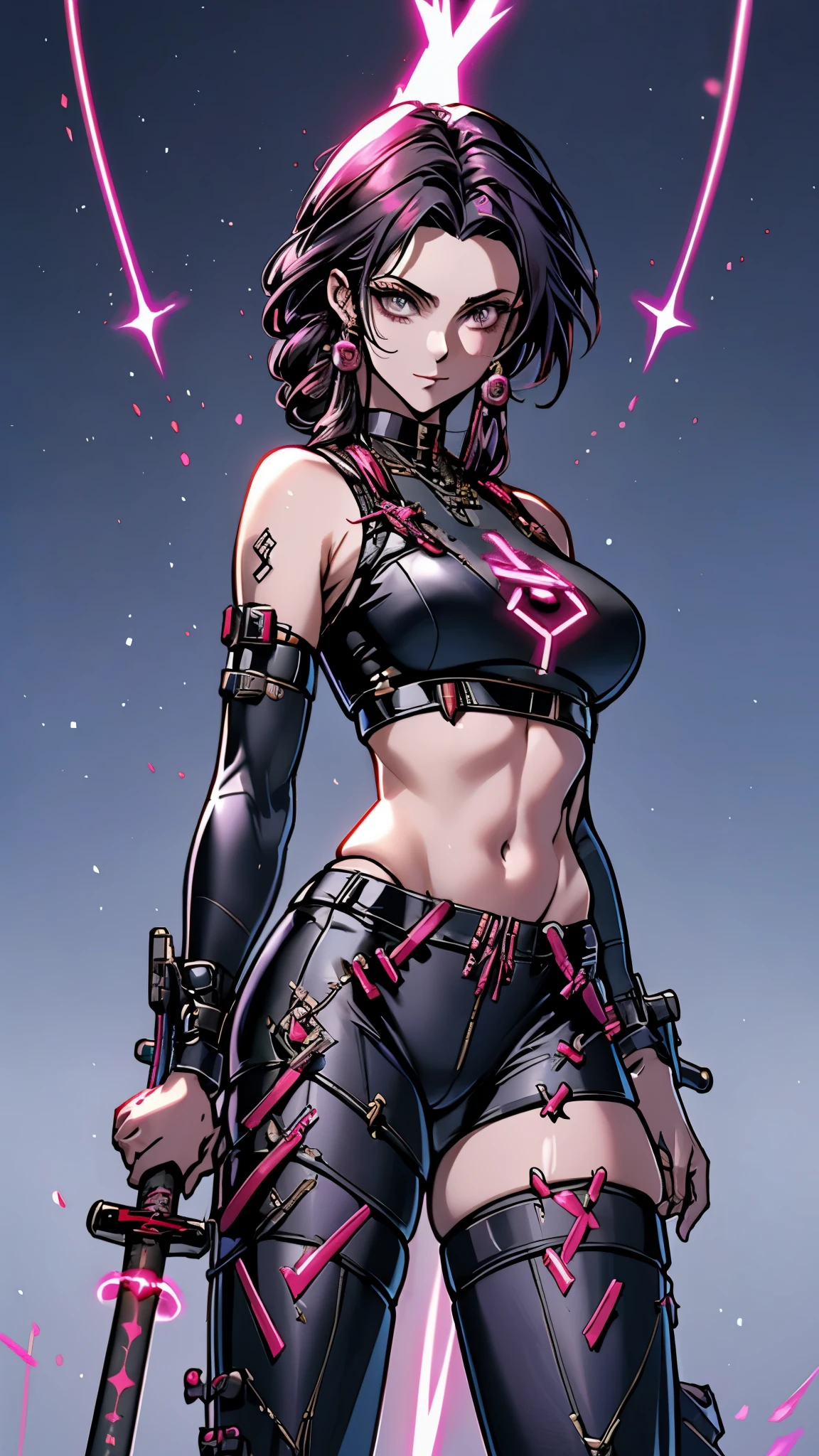 a futurista female warrior holding a katana, (pele finamente detalhada), pale skin, (in a deep neckline highly detailed sexy futurista cyberpunk black crop top and underpants made of circuit boards, palavras japonesas com efeito de reflexo, beautiful epic composition, futurista, obra de arte, atraente, posando para uma foto
