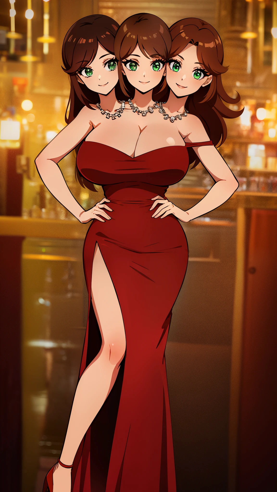 (16K), ((two headed woman)), smiling, highres, masterpiece, ((brown hair)), cleavage, (( red dress:1.5)), lustrous and smooth skin, large breasts, (mature woman), seductive silhouette, casual dress, sexy proportions, Beautiful girl with accentuated slender abs, seductive woman, ((party background)), necklace, body con dress, strapless, sleeveless, green eyes, long hair, ((gala)), cowboy shots