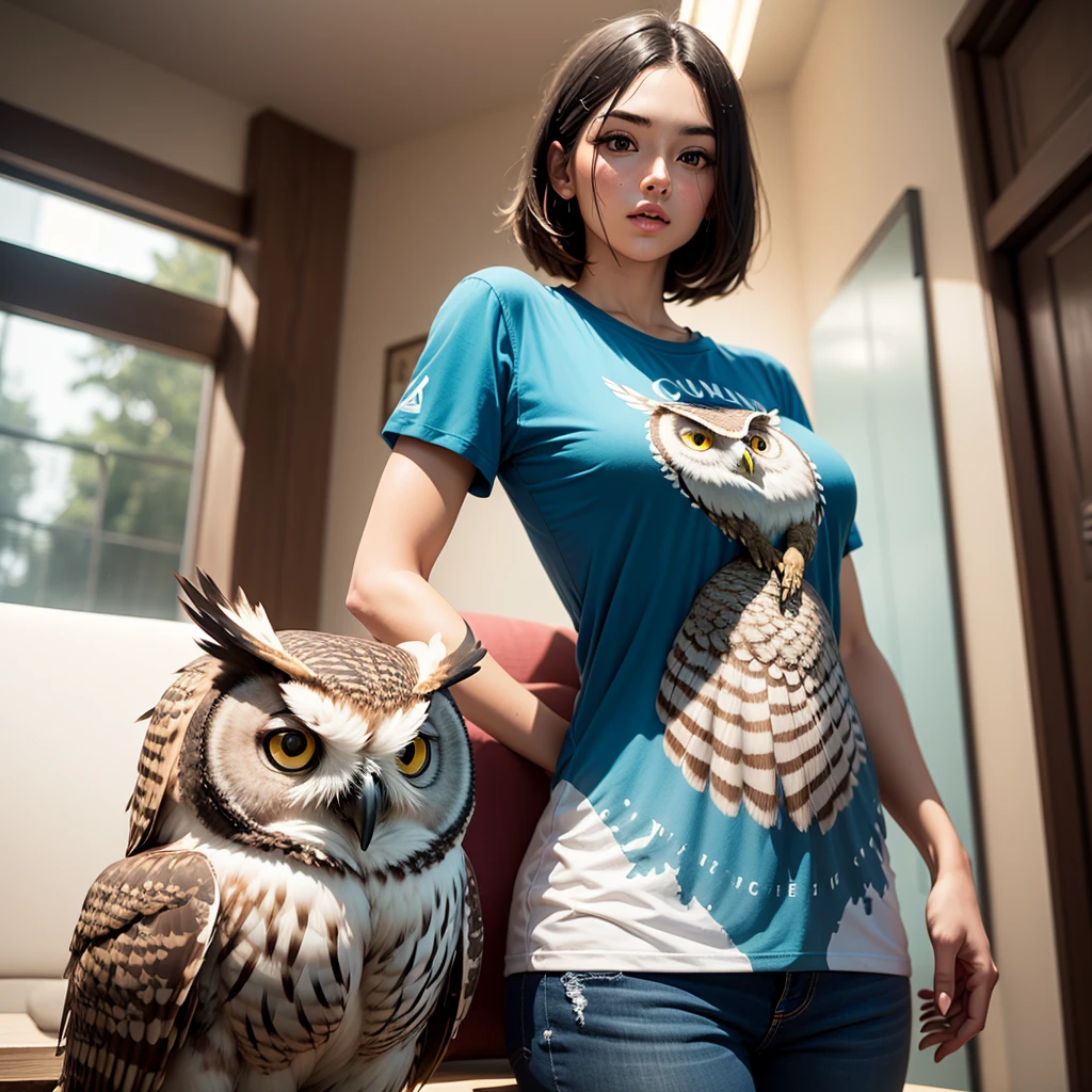Imagine um layout de camiseta feminina, cor azul oceano, na parte da frente coloque uma coruja que combine com a cor da camiseta, the owl must be positioned at bust height, preferably on the right side