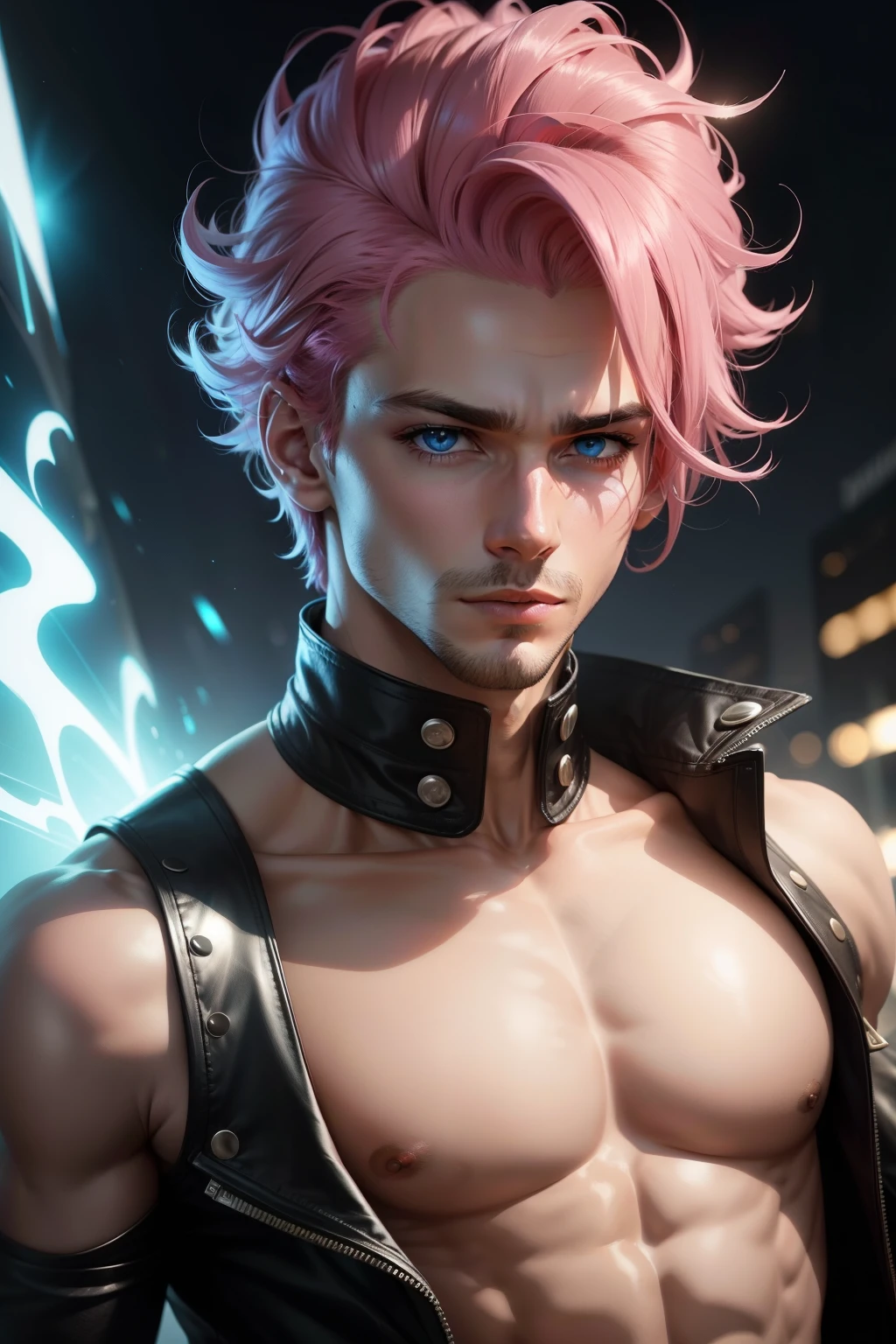 Personagem masculino com cabelo rosa muito curto e levemente espetado, flashes vermelhos de luz dos olhos. Ele tem uma jaqueta azul com detalhes brancos