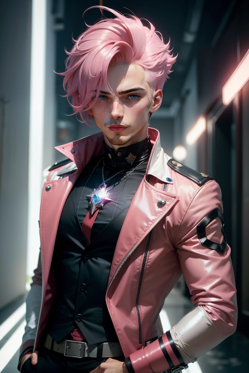 Personagem masculino com cabelo rosa muito curto e levemente espetado, flashes vermelhos de luz dos olhos. Ele tem uma jaqueta azul com detalhes brancos
