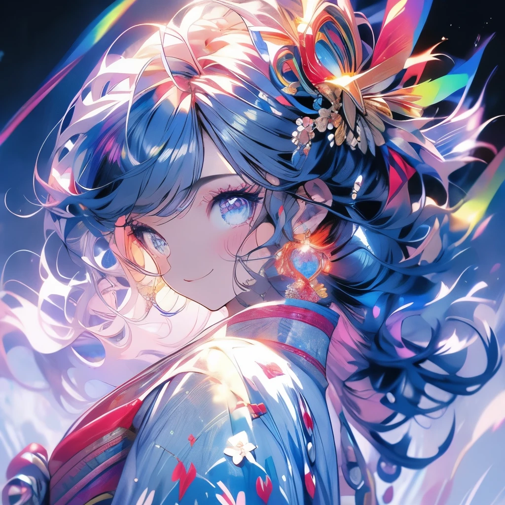 Masterpiece、Rainbow Hair、Rainbow Eyes、smile、Delicate eyes、Tied up hair、Beautiful hair ornament、kimono、Sparkling