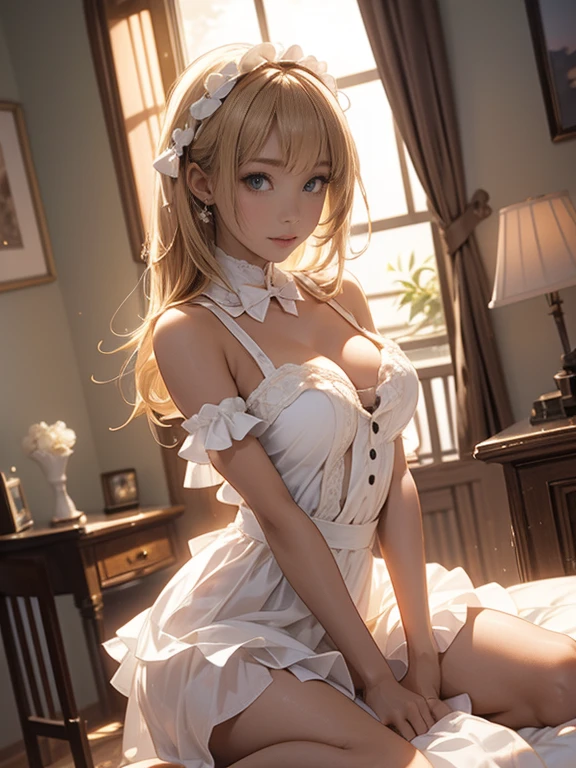 masterpiece、A perfect depiction of beautiful hands and fingers(Increase contrast)、(Increase saturation)、(25歳のDark Skinの女性、stare、Dark Skin)、(((Dark Skin、Brown Skin)))Beautiful woman with perfect figure、((Sparkling eyes、tears))Embarrassed face、((((Blonde shoulder-length hair))))(大きく開いた胸を持つ世界で最もかわいいゴシックMaid、Very short mini skirt))Blurred Background、、Medium Long Hair、Beautiful and huge breasts、Beautiful valley、Narrow waist、Big Hips、Depth of written boundary、dress、Eyebrows visible through hair、Frills、、Hair between the eyes、Bedroom in an old western house、、Short sleeve、Look at the viewer、Maid、Maidエプロン、Maidの頭飾り、Puffy sleeves、、squat