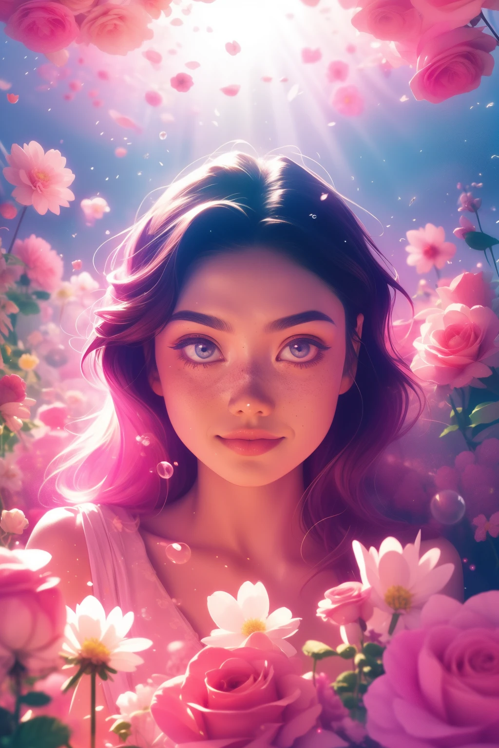 (This is a beautiful, intricate, (romatic) fantasy image that emphasizes beauty and grace.) Generate a blind curvy woman with soft natural freckles. Her face is important and should be (perfectly formed) with (beautiful puffy lips) and (perfect features). There is a cute freckle birthmark on her lip. The image exudes ethereal beauty and soft fantasy, with shimmering shades of pink throughout. Surround her with eternal roses in shimmering shades. Ensure perfection in her face, hair, and eyes. Include sweet and detailed birds and soft, luminous flowers and detailed roses. Utilize dynamic composition and dramatic lighting and cinematic lighting to create an interesting fantasy image. The background of the image is interesting and ultra-detailed, with soft fantasy lighting and gradients. Include fantasy details, cute aura, colorful, colourful, and interesting magical background. The image's background is decorated in shades of pink, shimmer, glitter, and fantasy details like colored bubbles and cosmos. Include subtle freckles, natural freckles and a diffused realistic skin tone. Incorporate elements of high fantasy, whimsy, and detailed elegance. English rose, princess, courtesan, noblewoman, sweet, lovely, calm, lovely, shimmering, glimmering, glittering, astrological fantasy, (((masterpiece))), (highest quality), magic rose, fantasy garden, beautiful face, perfect face, puffy lips, interesting, shy smile, fantasy elements, magic rose, beautiful eyes, perfect puffy lips, jewel tones, luminosity. Taken with a canon camera.